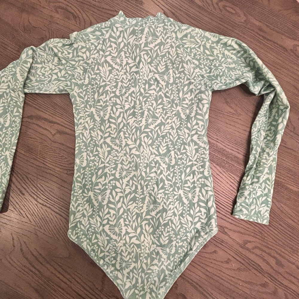 J Crew Crewcuts Floral/ Botanical Rash Guard One-Piece Swimsuit - Seafoam Green - Picture 4 of 4